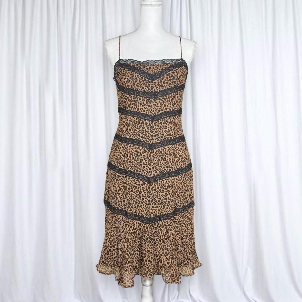 BCBG Max Azria Silk Leopard Cheetah Print Lace Slip Dress Y2K